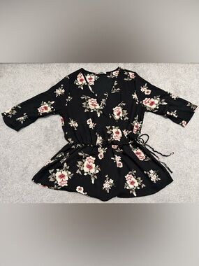 Sienna Sky Black Floral Wrap Top with Pink Roses